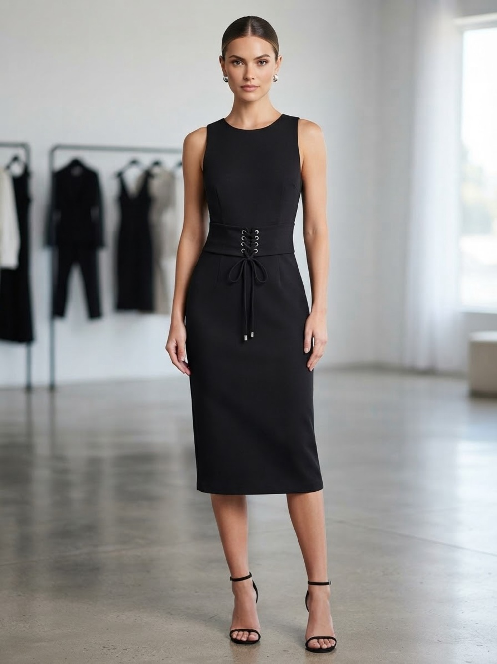bebe Black Sleeveless Lace-Up Waist Midi Dress